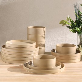 TheTerra Ceramic Dinnerware Sets for 6, 18 Pieces Handmade Reactive Glaze Plates and Bowls Set, Scratch Resistant Dish Set, Oven & Microwave & Dishwasher Safe, Ivory Cream