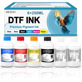 MEZOO DTF Ink 250ml Premium DTF Ink for Film Heat Transfer Printing Compatible for DTF Printers with Printhead L1800 L805 XP15000 R1390 4720 I3200 XP600 DX7 DX5 5113(2W+1B+1C+1M+1Y)
