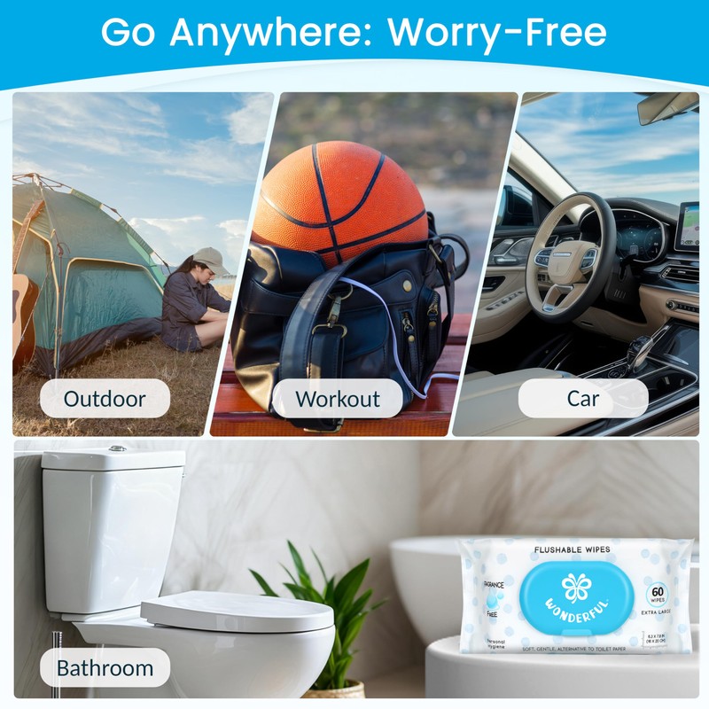 WONDERFUL Flushable Butt Wipes, Unscented 100% Plant-Based Wet Wipes for