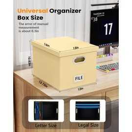 Oterri File Organizer Box,Filing Box with Lid,File Box for Letter/Legal File Folder Storage, Portable Hanging File Box for Office/Decor/Home,1 Pack, Cream-yellow(Leather),Box only