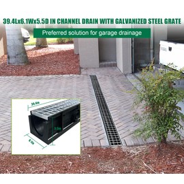 Natotela Channel Drain with Galvanized Steel Grate-39.4Lx6.1Wx5.5H in. Deep Profile Trench Drain System for Driveway,Trench Drain for Garage,Parking Lot,Heavy Duty Channel Drain with Metal Grate
