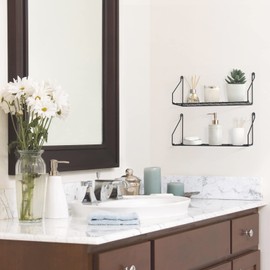 Wall Floating Shelves 2 Pack, No Drill Adhesive Mount, Black Metal Hanging Shelf, Storage Bookshelf Rack for Bathroom, Bedroom, Kitchen, Laundry, Dorm, Office, Garage, Decor Display and Organization