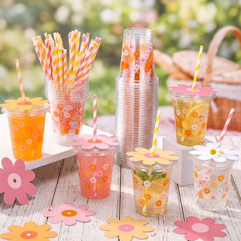 50 Sets 12oz Groovy Daisy Disposable Cups Set