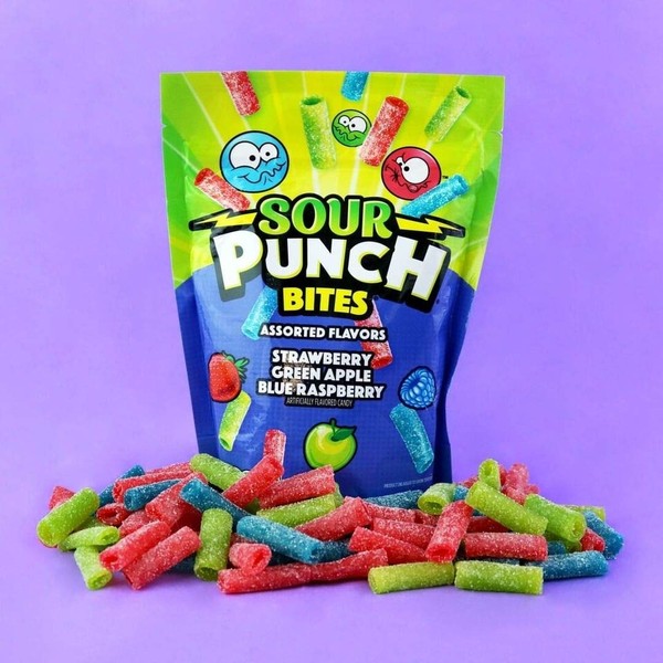 Sour Punch Bites, Blue Raspberry, Apple & Strawberry Flavors, Soft & Chewy Candy, 9oz Bag (12 Pack)