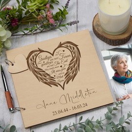 Engraved Wooden Memorial Funeral Remembrance Guest Book with Angel Wings, 23 x 23 cm, 30 Pages