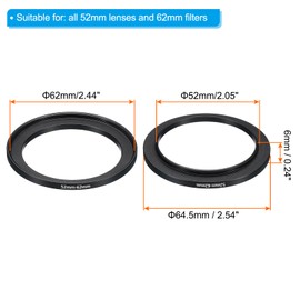 PATIKIL 52mm-62mm Metal Step Up Ring, 2 Pack Camera Lens Filter Adapter Ring Aluminum Filter Adapter Ring for Camera Lenses Hood, Black