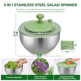 SUSTEAS Stainless Steel Salad Spinner Large, Vegetables Wash Bowl, Fruits & Herb Lettuce Dryer with 5 Blade Slicer Egg Yolk Strainer Shredder for Efficient Salad Preparation and Food Washing, 4.25Qt