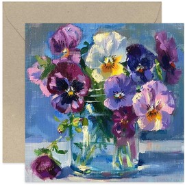 Pansies Greeting Card - Photographic Flower Artwork - Traditional Greeting Cards for Him or Her - Pansies Flower in Jar Birthday Card, Thinking of You Card, Sympathy Card | Blank Inside