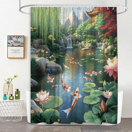 JEJOMEAG Japanese Garden Shower Curtain Lotus Flowers Green Leaves Red Fish Park Waterfall Spring Summer Nature Scenery Fabric Bathroom Decor Curtain with Hooks, 70Wx70H