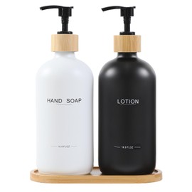 BONLONG Black and White Soap Dispenser Bathroom Set with Hand Soap Dispenser and Lotion Dispenser, Bamboo Pumps & Tray Suitable for Bathroom Counter Decor. (White&Black)