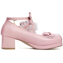 Elerhythm Women's Mary Jane Platform Chunky Block Heels Cute Cosplay Kawaii Bow Lace Dresses Cross-Tied Round Toe Ankle Strap Shoes, Pink a, 9.5