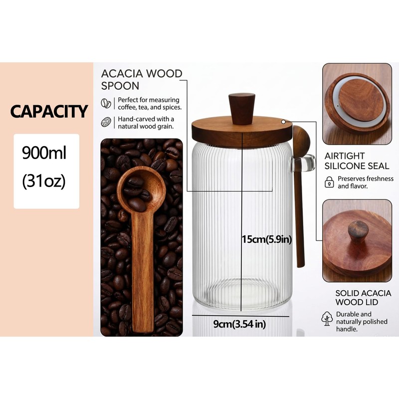 31oz Airtight Coffee Canister with Scoop, Glass Coffee Container for