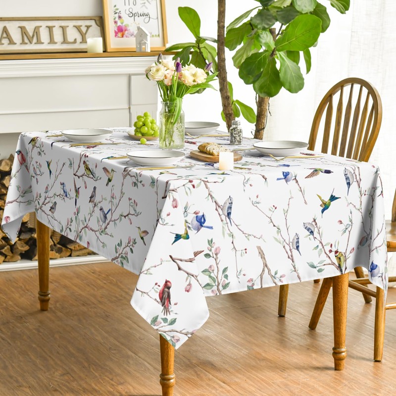 Horaldaily Spring Summer Tablecloth 52x70 Inch Rectangular, Birds Branch Floral