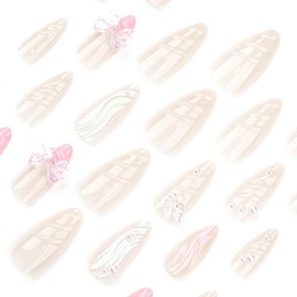 24 Pcs Aurora Press on Nails Short Almond - YEFIUO Nude Pink Nail Tips Acrylic Nail Kit 3D Butterfly Bow Charms Nail Art Fake Nails Press ons French Tip Glue on Nails Full Cover False Nails for Women