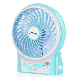 efluky 3-Speed Mini Desk Fan, Rechargeable Battery Operated with LED Light, Portable USB Fan Quiet for Home, Office, Travel, Camping, Outdoor & Indoor Use, 4.9-Inch, Blue