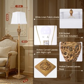 Vintage Farmhouse Floor Lamp with Nightlight, 65" Tall Standing Lamp with White Linen Fabric Shade, Antique Gold Finish, Elegant Reading Corner Light for Living Room, Bedroom, Office (Bulb Included)