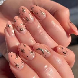 24Pcs Fake Nails Gold Star Press on Nails Short Almond False Nails Nude Nails Press Ons Gold Sun Moon Stick on Nail Glossy Full Cover Glue on Nail DIY Acrylic for Women and Girls