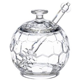 KLIFA- HONEYCOMB Series, Acrylic Plastic Honey Jar Syrup Pot with Dipper and Lid, Clear, 10.15 oz,