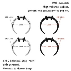 Longbeauty 12/18 Pieces 14G 16G Stainless Steel Half Moon Pincher Septum Rings C Shape Buffalo Horseshoe Taper Set 8 mm 10 mm 12 mm Inner Diameter, Stainless Steel
