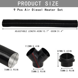GIONAR 9 Pcs Air Diesel Heater Set, 75mm Exhaust Pipe Set Diesel Heater Ducting Tube for Diesel Heater Accessories with 2 Heating Ducts, 2 Heater Ducting Vent Outlets, 1 Y-pipe and 4 Hose Clamps