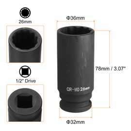 HARFINGTON 12-Point Deep Impact Socket 1/2 Inch Drive 26mm Metric Chrome Molybdenum Alloy Steel Spindle Axle Nut Impact Socket