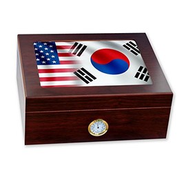 ExpressItBest Premium Desktop Humidor - Glass Top - Flag of South Korea (Korean) - Waves with USA Flag - Cedar lined with humidifier & front mounted hygrometer.