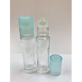 Ananda Corporation 10ml [1/3 oz] Clear Glass Rollon Bottle with Glass Roller & Plastic Light Blue Caps [12 Pcs]