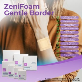 ZeniFoam Gentle Border (6" x 6") Polyurethane Foam Dressing with Silicone Adhesive with Border, Skin-Friendly, Highly Absorbent for Moderate to Heavy Wound Drainage, Latex-Free, & Waterproof Backing
