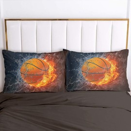YASMENG Basketball Bed Linen 135 x 200 cm Boys Flame Water Orange Duvet Cover Soft Microfibre Bed Linen Basketball 2-Piece for Teenagers Children Gifts with Zip and 80 x 80 cm Pillowcase