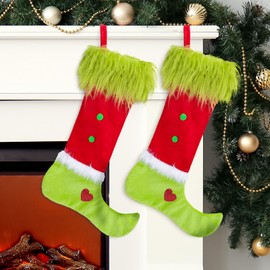 Whaline Christmas Stocking 19.6 Inch Red Green Xmas Stocking Large Treat Bags Funny Cartoon Hanging Ornaments for Candy Gift Present Tree Decoration, Set of 2