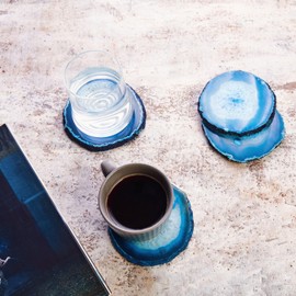 Luxury Lane Set of 4 Large Natural Brazilian Agate Slice Geode Rock Stone Drink Coasters with Wood Holder 4.3-4.7 inch Centerpiece Table Decoration, Ocean Blue