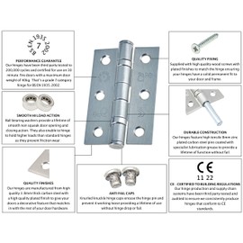 Door Hinges 3" 76mm Ball Bearing 1 Pair Pack [2 Hinges & Screws] Satin Chrome