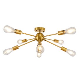 LynPon Gold Ceiling Light Fixture, 8 Lights Mid Century Sputnik Chandelier Semi Flush Mount Light Fixtures Bedroom Brass Lighting Fixture for Kitchen Dining Room Hallway Lighting