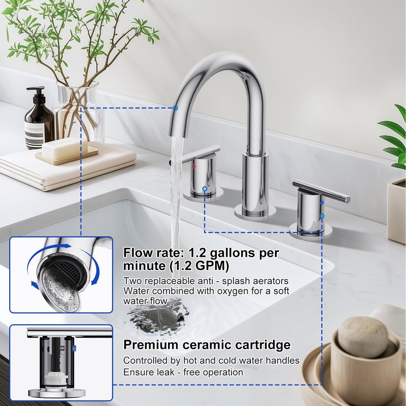 Hurran 8 Inch Chrome Widespread Bathroom Faucet, Double Handle Sink