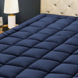 HYLEORY Twin Mattress Pad Quilted Fitted Mattress Protector Cooling Pillow Top Mattress Cover Breathable Fluffy Soft Mattress Topper with 8-21" Deep Pocket, Navy