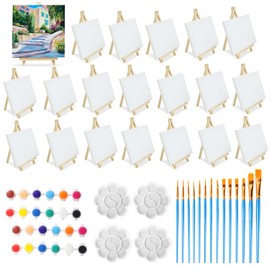 82Pcs Mini Canvas and Easel Set, FHDUSRYO 4x4 Adjustable Painting Set, 20 Wooden Easels with 20 Canvas, 14 Paintbrushes, 4 Palettes and 24 Acrylic Paints, Drawing Stand Kit for Party Drawing