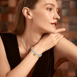 JewelryWe Stackable Tennis Bangle Set: Women Gold Cubic Zirconia Open Adjustable 2 Piece CZ Layered Stainless Steel Copper Bracelet Jewelry Gift