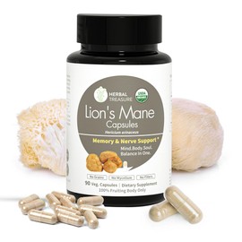 Herbal Treasure Lions Mane Supplement Capsules, Made with Organic Lions Mane Powder for Mental Clarity and Focus Supplements, 800mg Lions Mane Powder Organic Organic Mushroom Supplement 90 Caps