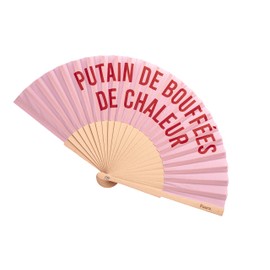 Fisura - Original hand fan with message p*tain de bouffees. Modern and fun wooden fan. Pink and red fan. Dimensions: 42.5 x 23 cm. Wood and textile.