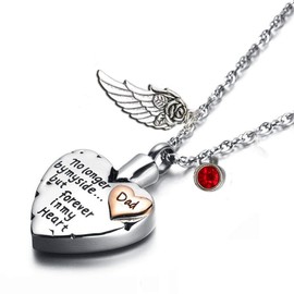 PREKIAR Heart Cremation Urn Necklace for Ashes Angel Wing Jewelry Memorial Pendant and 12 PCS Birthstones No Longer by My Side But Forever in My Heart (Dad)