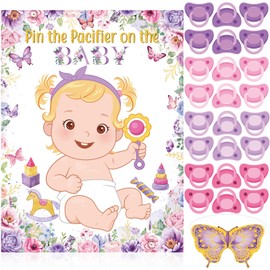 Faccito Butterfly Baby Shower Party Games Pin The Pacifier Game Set Butterfly Theme Decor Include Large Poster Blindfold 24 Pacifier Stickers for Baby Shower Party Decorations Activities Supplies