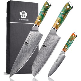 WILDMOK Damascus Kitchen Knife Set, Chef Knife Set, Sharp Damascus Steel Forged Blade Kitchen Knives Set with Ergonomic Resin Handle