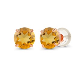 14K Solid Rose Gold 4mm Round Natural Citrine November Birthstone Prong Set Stud Earrings For Women