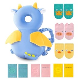 JunNeng Mochila Protectora de Cabeza para Bebé Caminante con Rodilleras y Calcetines Antideslizantes, Dinosaurio