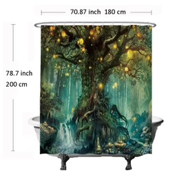 Ulticool Shower Curtain - Fairy Tale Elf Tree Magic Forest Nature - 180 x 200 cm - Washable - Waterproof - Anti Mould - with 12 Rings - Green Yellow