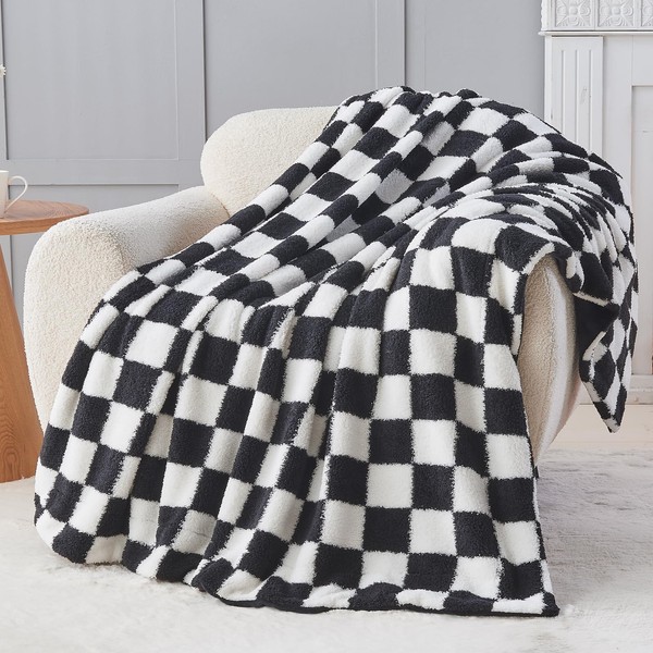 NEWCOSPLAY Twin Size Blanket for Couch Black White Checkered Blanket