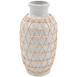Deco 79 Ceramic Handmade Decorative Vase Centerpiece Vase with Woven Rattan Exterior, Flower Vase for Home Decoration 7" x 7" x 14", White