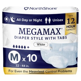 NorthShore MegaMax Adult Overnight Diapers, 12-Hour Tab-Style, Medium, 10 Count Bag, White, 32-44 inches, Unisex Incontinence Underwear