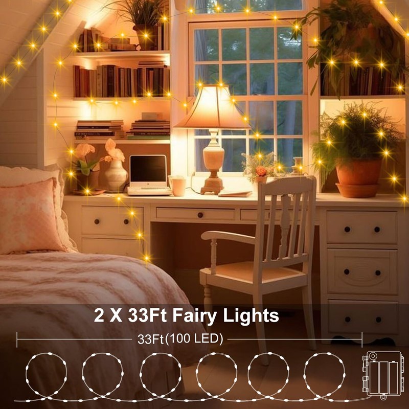 2 Pack Christmas Fairy Lights Battery Operated, Total 66Ft 200