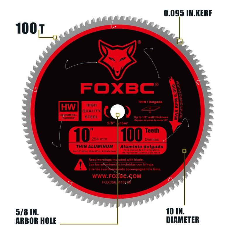 FOXBC 10-Inch Saw Blade 100-Tooth TCG for Aluminum and Non-Ferrous